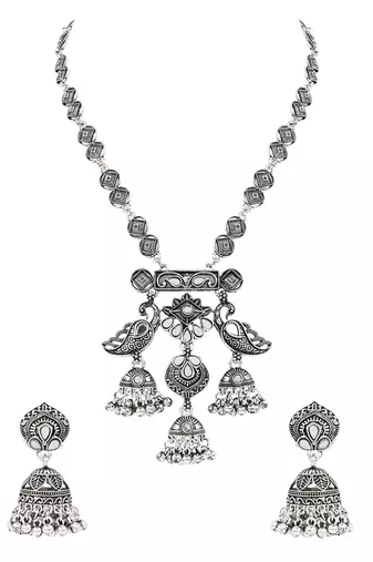 Oxidised peacock motif dangler pendant necklace set with jhumka earrings for women 