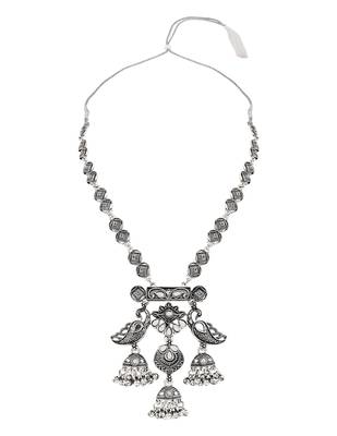 Oxidised peacock motif dangler pendant necklace set with jhumka earrings for women  3