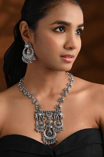 Oxidised elephant motif tribal long necklace set for women (mc233ox)