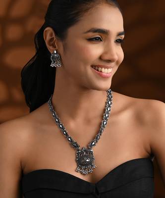 Oxidised elephant motif traditional necklace set with earrings for women  1
