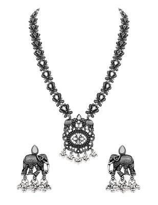 Oxidised elephant motif traditional necklace set with earrings for women  2
