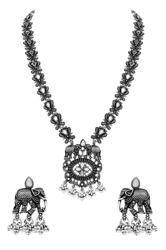 Oxidised elephant motif traditional necklace set with earrings for women 