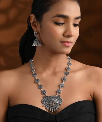 Oxidised silver plated navratri multi stone statement necklace set for women  1
