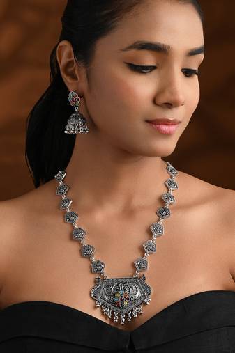Oxidised silver plated navratri multi stone statement necklace set for women (mc235ox)