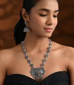 Oxidised silver plated navratri multi stone statement necklace set for women 