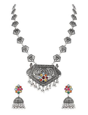 Oxidised silver plated navratri multi stone statement necklace set for women  2