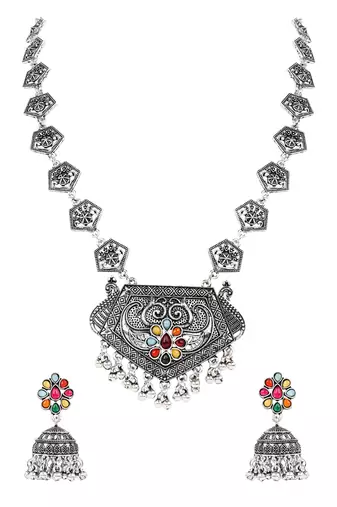 Oxidised silver plated navratri multi stone statement necklace set for women 