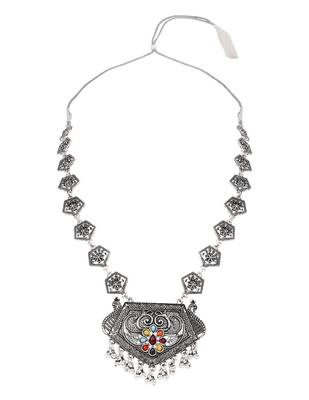 Oxidised silver plated navratri multi stone statement necklace set for women  3