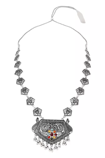 Oxidised silver plated navratri multi stone statement necklace set for women 