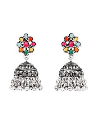 Oxidised silver plated navratri multi stone statement necklace set for women  4