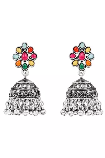 Oxidised silver plated navratri multi stone statement necklace set for women 