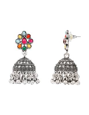 Oxidised silver plated navratri multi stone statement necklace set for women  5