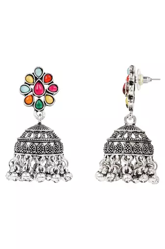 Oxidised silver plated navratri multi stone statement necklace set for women 