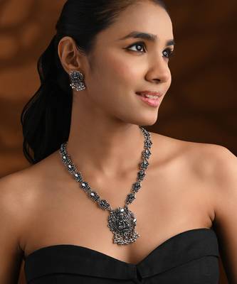 Oxidised silver plated traditional peacock motif necklace set for women  1