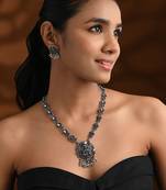 Oxidised silver plated traditional peacock motif necklace set for women 