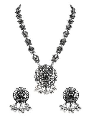 Oxidised silver plated traditional peacock motif necklace set for women  2