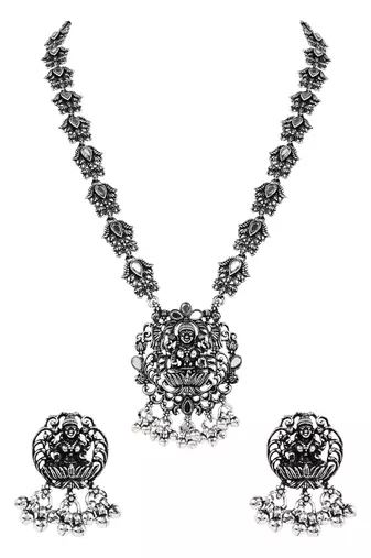 Oxidised silver plated traditional peacock motif necklace set for women 