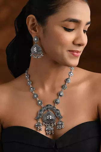 Oxidised silver plated traditional statement necklace set with earrings for women 