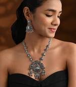 Oxidised silver plated traditional statement necklace set with earrings for women 