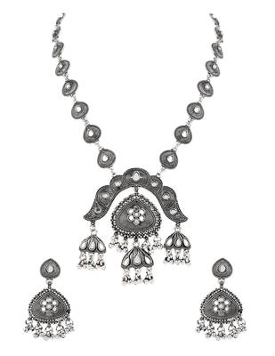 Oxidised silver plated traditional statement necklace set with earrings for women  2