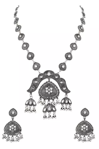 Oxidised silver plated traditional statement necklace set with earrings for women 