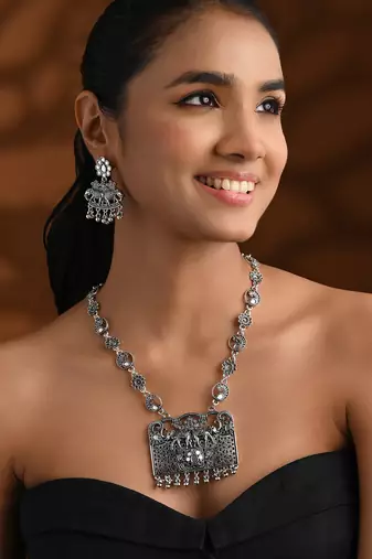 Oxidised rajwadi elephant motif necklace set with earrings for women 