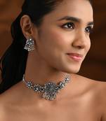 Oxidised floral design statement necklace set with earrings for women (mc239ox)