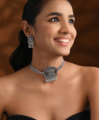 Oxidised plated rajwadi statement necklace set with intricate square motif for women  1