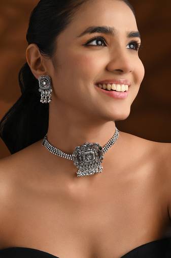 Oxidised plated rajwadi statement necklace set with intricate square motif for women (mc241ox)