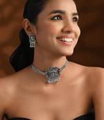 Oxidised plated rajwadi statement necklace set with intricate square motif for women 