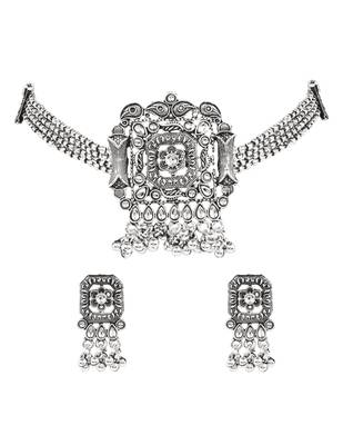 Oxidised plated rajwadi statement necklace set with intricate square motif for women  2