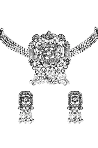 Oxidised plated rajwadi statement necklace set with intricate square motif for women 