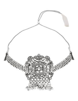 Oxidised plated rajwadi statement necklace set with intricate square motif for women  3