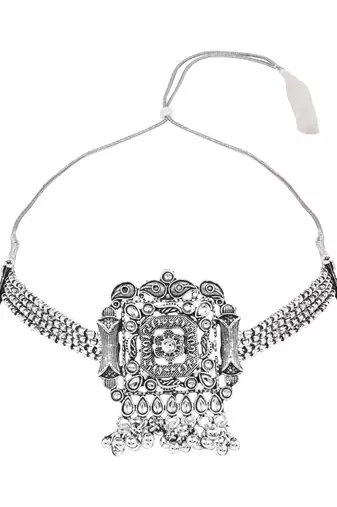 Oxidised plated rajwadi statement necklace set with intricate square motif for women 