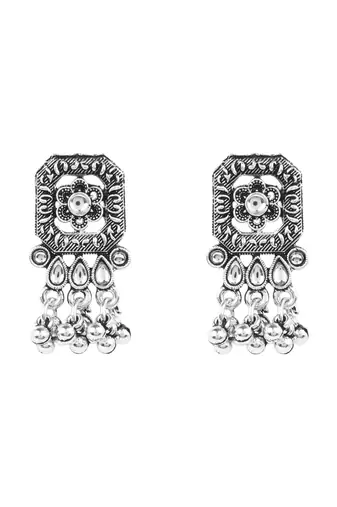 Oxidised plated rajwadi statement necklace set with intricate square motif for women 