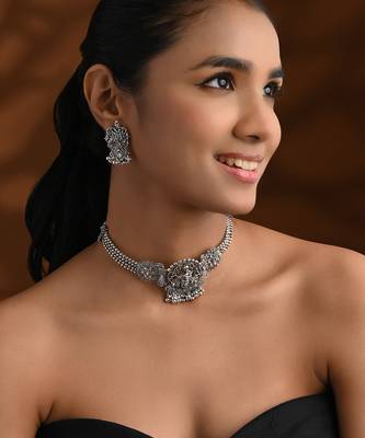 Oxidised krishna motif temple necklace set with earrings for women (mc242ox) 1