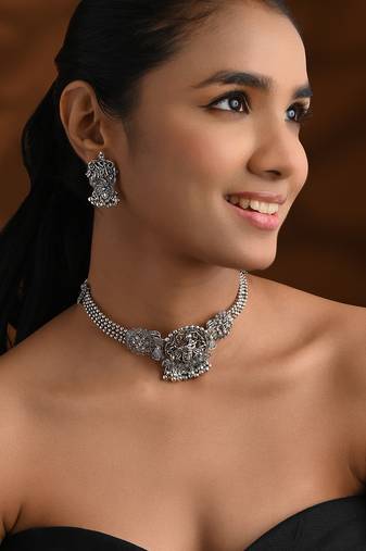 Oxidised krishna motif temple necklace set with earrings for women (mc242ox)