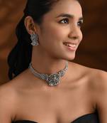 Oxidised krishna motif temple necklace set with earrings for women (mc242ox)