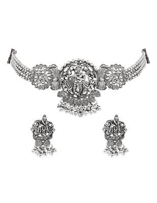 Oxidised krishna motif temple necklace set with earrings for women (mc242ox) 2