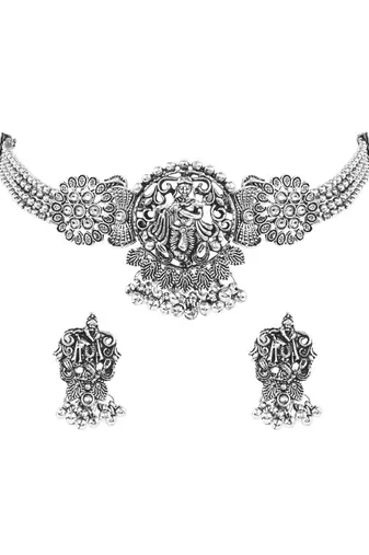 Oxidised krishna motif temple necklace set with earrings for women (mc242ox)