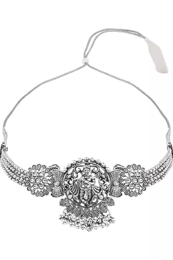 Oxidised krishna motif temple necklace set with earrings for women (mc242ox)