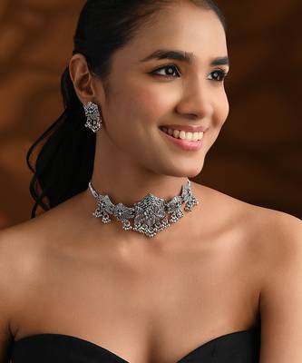 Oxidised silver plated hexagon floral motif necklace set with earrings for women  1