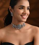 Oxidised silver plated hexagon floral motif necklace set with earrings for women 