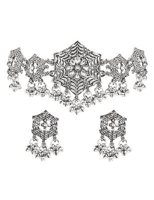 Oxidised silver plated hexagon floral motif necklace set with earrings for women  2