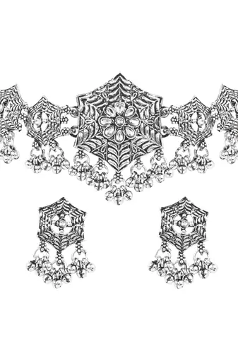Oxidised silver plated hexagon floral motif necklace set with earrings for women 