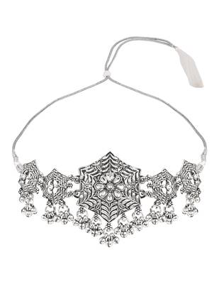 Oxidised silver plated hexagon floral motif necklace set with earrings for women  3