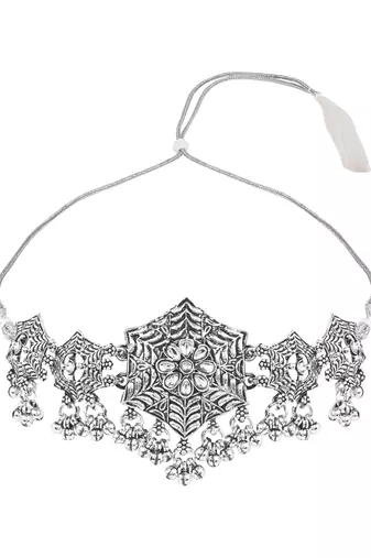 Oxidised silver plated hexagon floral motif necklace set with earrings for women 