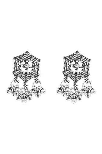 Oxidised silver plated hexagon floral motif necklace set with earrings for women 