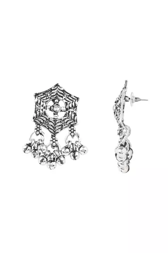 Oxidised silver plated hexagon floral motif necklace set with earrings for women 