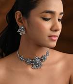 Oxidised silver plated floral pattern traditional necklace set for women 